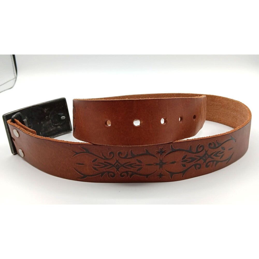 EXPRESS Genuine Leather Belt Women 32 (M) Brown Embossed Statement Boho Western